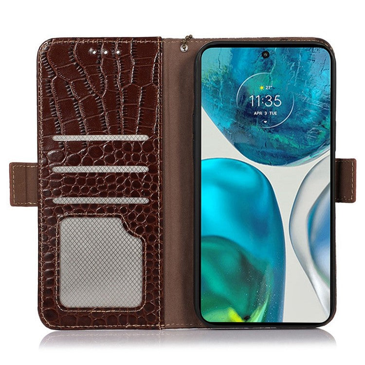 Phone Stand Case for Motorola Moto G73 5G RFID Blocking Genuine Cowhide Leather Wallet Phone Cover - Brown