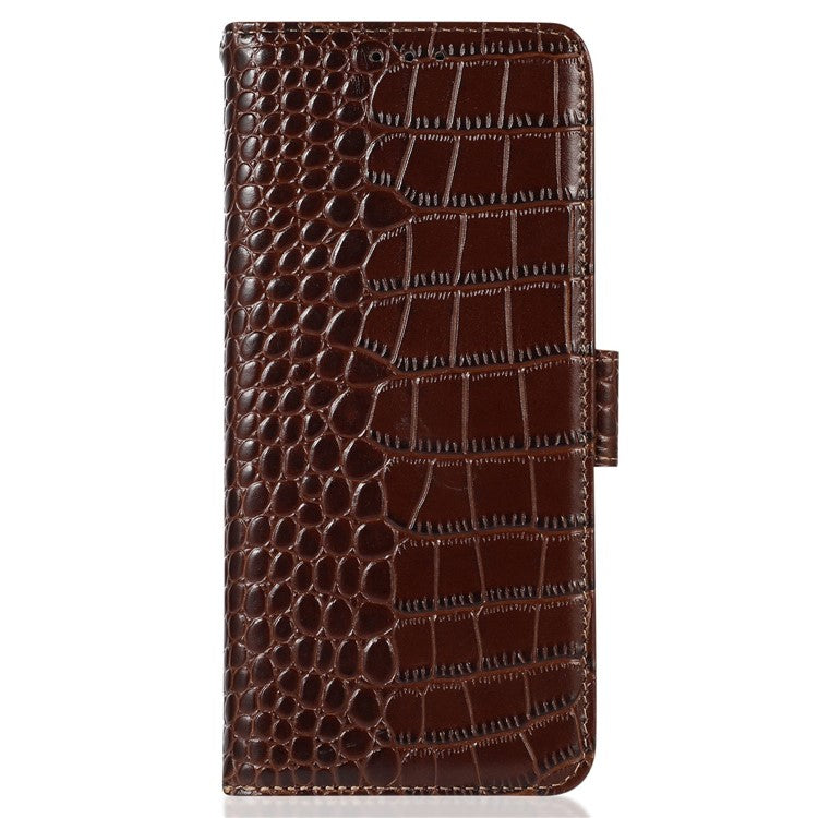Phone Stand Case for Motorola Moto G73 5G RFID Blocking Genuine Cowhide Leather Wallet Phone Cover - Brown