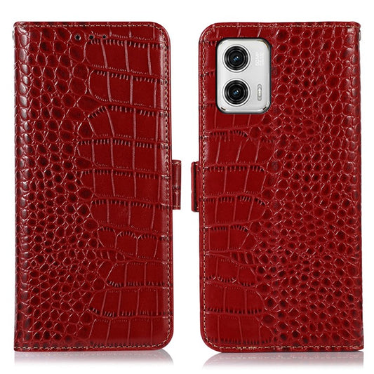 Phone Stand Case for Motorola Moto G73 5G RFID Blocking Genuine Cowhide Leather Wallet Phone Cover - Red