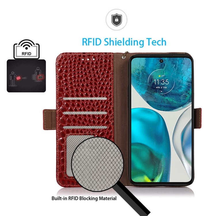 Phone Stand Case for Motorola Moto G73 5G RFID Blocking Genuine Cowhide Leather Wallet Phone Cover - Red