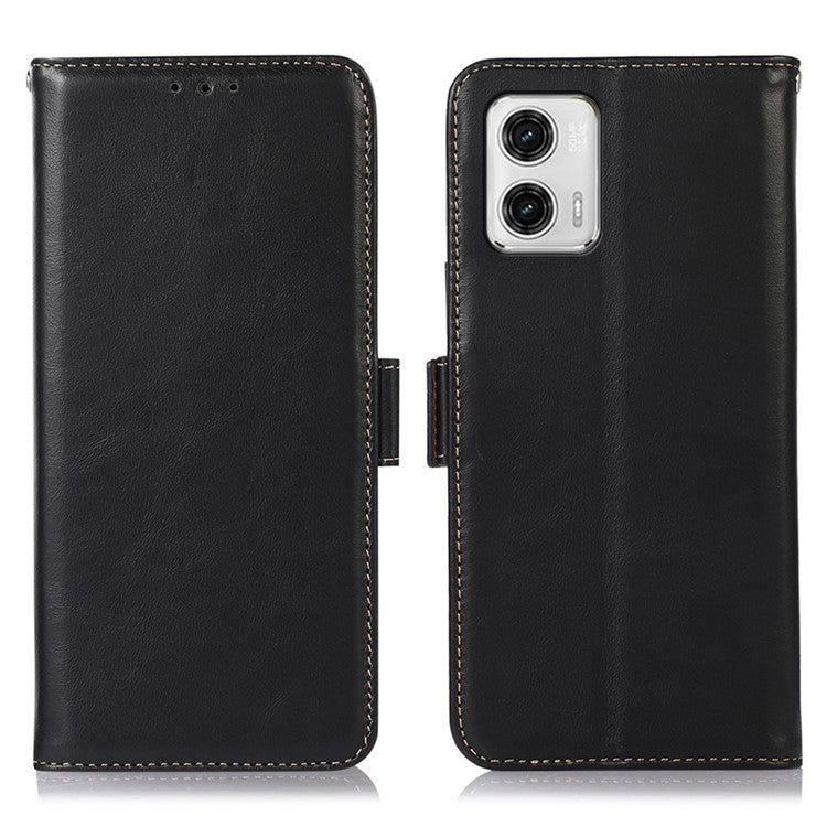 For Motorola Moto G73 5G RFID Blocking Phone Cover Genuine Cowhide Leather Case with Wallet Stand - Black