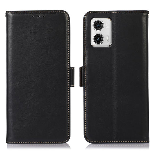 For Motorola Moto G73 5G RFID Blocking Phone Cover Genuine Cowhide Leather Case with Wallet Stand - Black