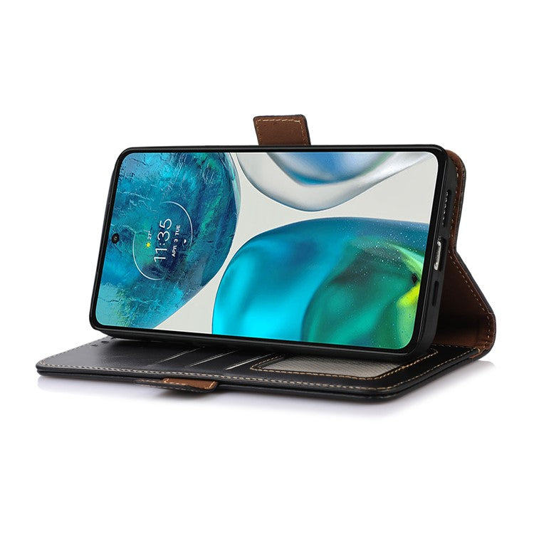 For Motorola Moto G73 5G RFID Blocking Phone Cover Genuine Cowhide Leather Case with Wallet Stand - Black