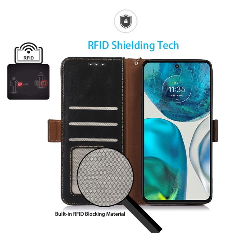 For Motorola Moto G73 5G RFID Blocking Phone Cover Genuine Cowhide Leather Case with Wallet Stand - Black