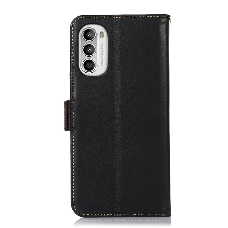 For Motorola Moto G73 5G RFID Blocking Phone Cover Genuine Cowhide Leather Case with Wallet Stand - Black