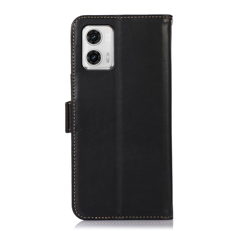 For Motorola Moto G73 5G RFID Blocking Phone Cover Genuine Cowhide Leather Case with Wallet Stand - Black