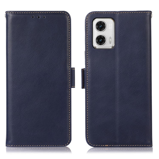 For Motorola Moto G73 5G RFID Blocking Phone Cover Genuine Cowhide Leather Case with Wallet Stand - Blue