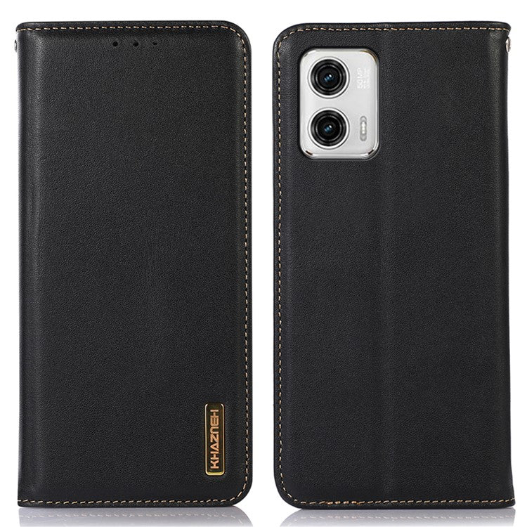 KHAZNEH Phone Case for Motorola Moto G73 5G RFID Blocking Wallet Stand Genuine Cowhide Leather Phone Cover - Black