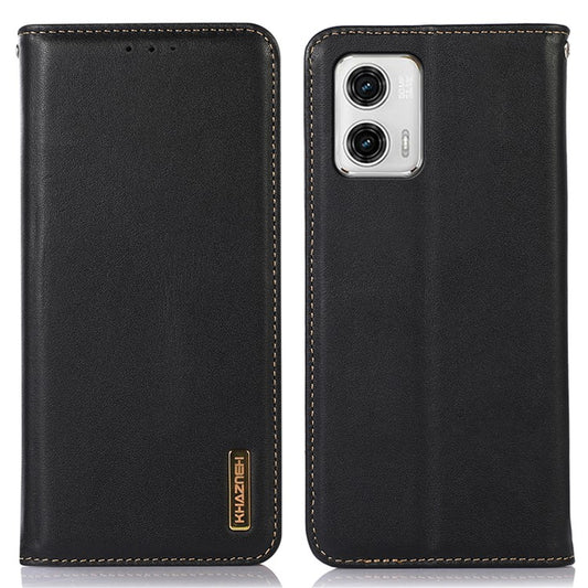 KHAZNEH Phone Case for Motorola Moto G73 5G RFID Blocking Wallet Stand Genuine Cowhide Leather Phone Cover - Black