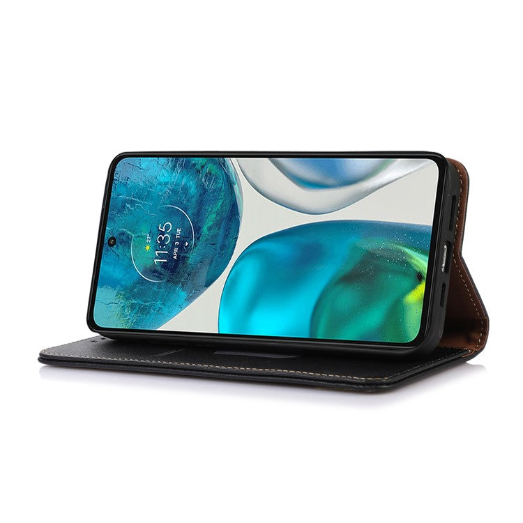 KHAZNEH Phone Case for Motorola Moto G73 5G RFID Blocking Wallet Stand Genuine Cowhide Leather Phone Cover - Black