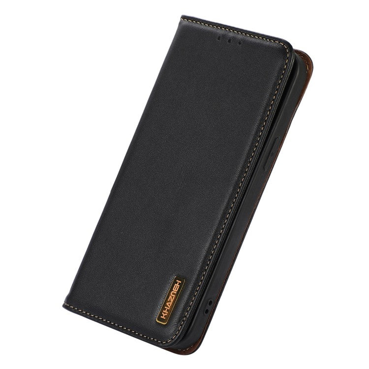 KHAZNEH Phone Case for Motorola Moto G73 5G RFID Blocking Wallet Stand Genuine Cowhide Leather Phone Cover - Black