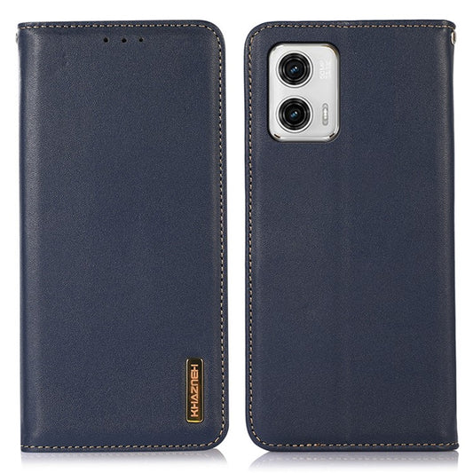 KHAZNEH Phone Case for Motorola Moto G73 5G RFID Blocking Wallet Stand Genuine Cowhide Leather Phone Cover - Blue