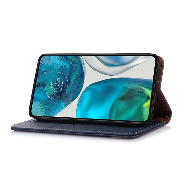 KHAZNEH Phone Case for Motorola Moto G73 5G RFID Blocking Wallet Stand Genuine Cowhide Leather Phone Cover - Blue
