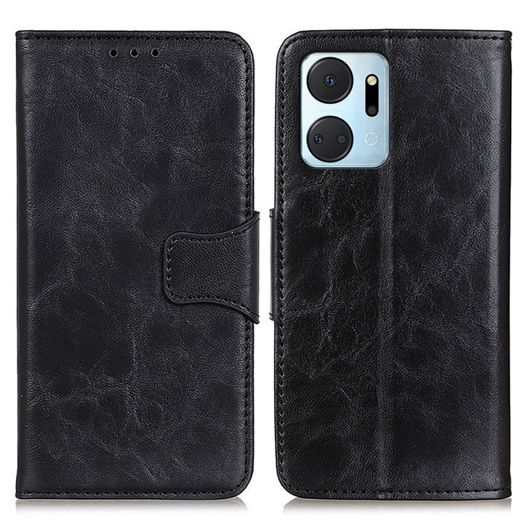 For Honor X7a 5G Crazy Horse Texture Split Leather Wallet Cover Shockproof Cell Phone Stand Case - Black