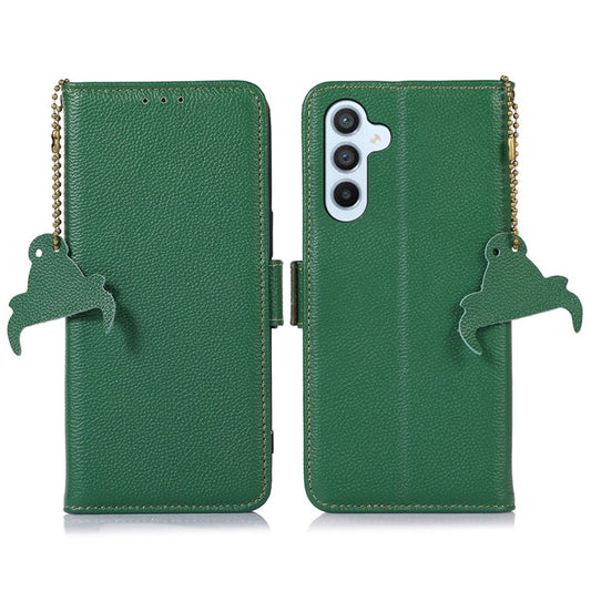 RFID Blocking Phone Case for Samsung Galaxy A24 4G (162.1 x 77.6 x 8.3mm) , Genuine Cow Leather Wallet Stand Phone Cover - Green