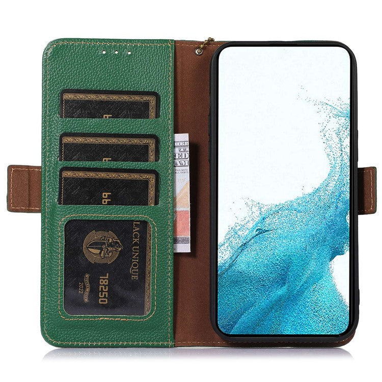 RFID Blocking Phone Case for Samsung Galaxy A24 4G (162.1 x 77.6 x 8.3mm) , Genuine Cow Leather Wallet Stand Phone Cover - Green