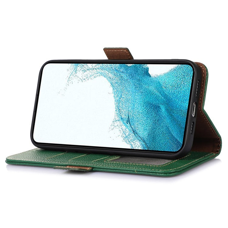 RFID Blocking Phone Case for Samsung Galaxy A24 4G (162.1 x 77.6 x 8.3mm) , Genuine Cow Leather Wallet Stand Phone Cover - Green