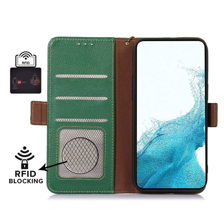 RFID Blocking Phone Case for Samsung Galaxy A24 4G (162.1 x 77.6 x 8.3mm) , Genuine Cow Leather Wallet Stand Phone Cover - Green