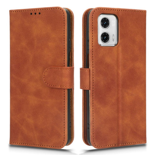 Anti-fall Phone Case For Motorola Moto G73 5G , PU Leather Wallet Stand Skin-touch Feeling Phone Cover - Brown
