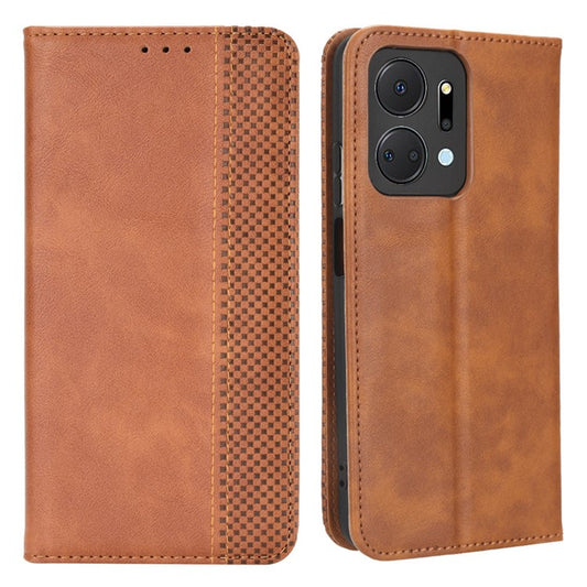 For Honor X7a 5G / Play7T 5G Vintage PU Leather Phone Case Wallet Stand Magnetic Clasp Drop-proof Cover - Brown