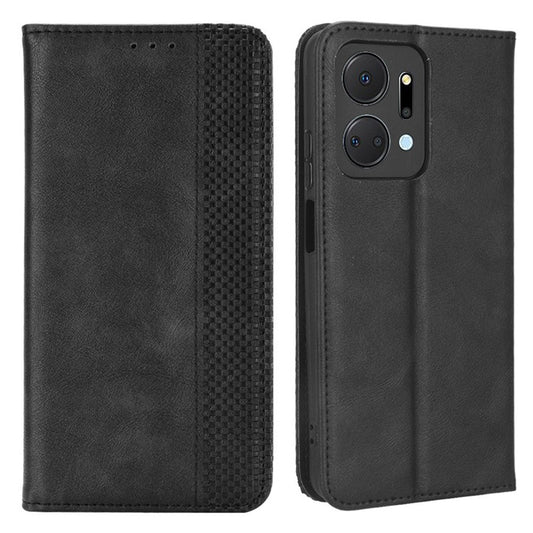 For Honor X7a 5G / Play7T 5G Vintage PU Leather Phone Case Wallet Stand Magnetic Clasp Drop-proof Cover - Black