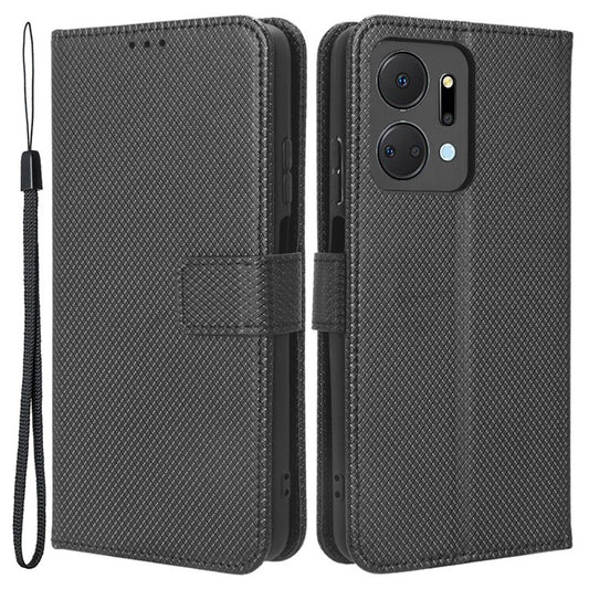 PU Leather Case for Honor X7a 5G / Play7T 5G Diamond Texture Wallet Stand Mobile Phone Cover - Black