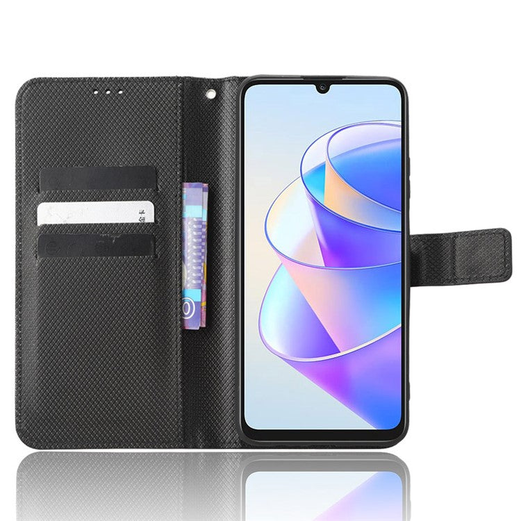 PU Leather Case for Honor X7a 5G / Play7T 5G Diamond Texture Wallet Stand Mobile Phone Cover - Black