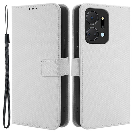 PU Leather Case for Honor X7a 5G / Play7T 5G Diamond Texture Wallet Stand Mobile Phone Cover - White