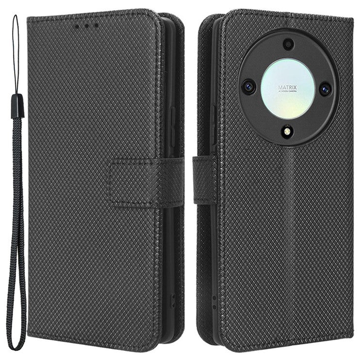 PU Leather Wallet Case for Honor X9a 5G / X40 5G / Magic5 Lite 5G Diamond Texture Stand Cover - Black