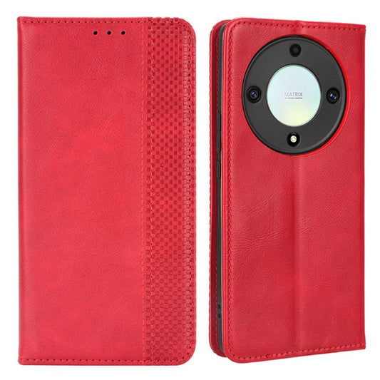 For Honor X9a 5G / X40 5G / Magic5 Lite 5G Vintage PU Leather Wallet Stand Phone Case Magnetic Clasp Cover - Red