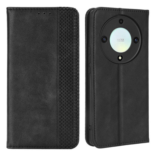 For Honor X9a 5G / X40 5G / Magic5 Lite 5G Vintage PU Leather Wallet Stand Phone Case Magnetic Clasp Cover - Black