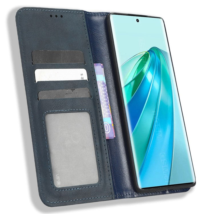 For Honor X9a 5G / X40 5G / Magic5 Lite 5G Vintage PU Leather Wallet Stand Phone Case Magnetic Clasp Cover - Blue