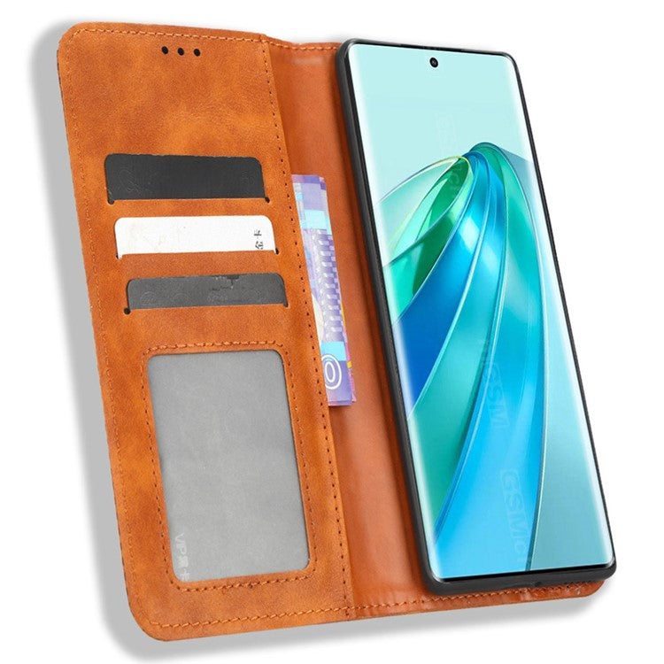 For Honor X9a 5G / X40 5G / Magic5 Lite 5G Vintage PU Leather Wallet Stand Phone Case Magnetic Clasp Cover - Brown