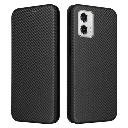 Anti-fall Phone Case For Motorola Moto G73 5G Card Holder Carbon Fiber Texture Flip Leather Cover Stand - Black