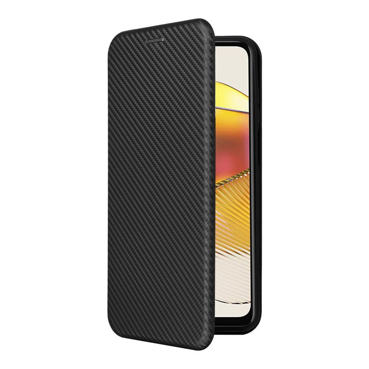 Anti-fall Phone Case For Motorola Moto G73 5G Card Holder Carbon Fiber Texture Flip Leather Cover Stand - Black