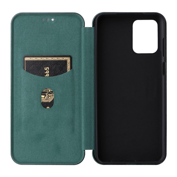 Anti-fall Phone Case For Motorola Moto G73 5G Card Holder Carbon Fiber Texture Flip Leather Cover Stand - Green