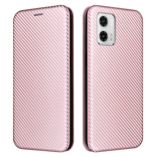 Anti-fall Phone Case For Motorola Moto G73 5G Card Holder Carbon Fiber Texture Flip Leather Cover Stand - Rose Gold