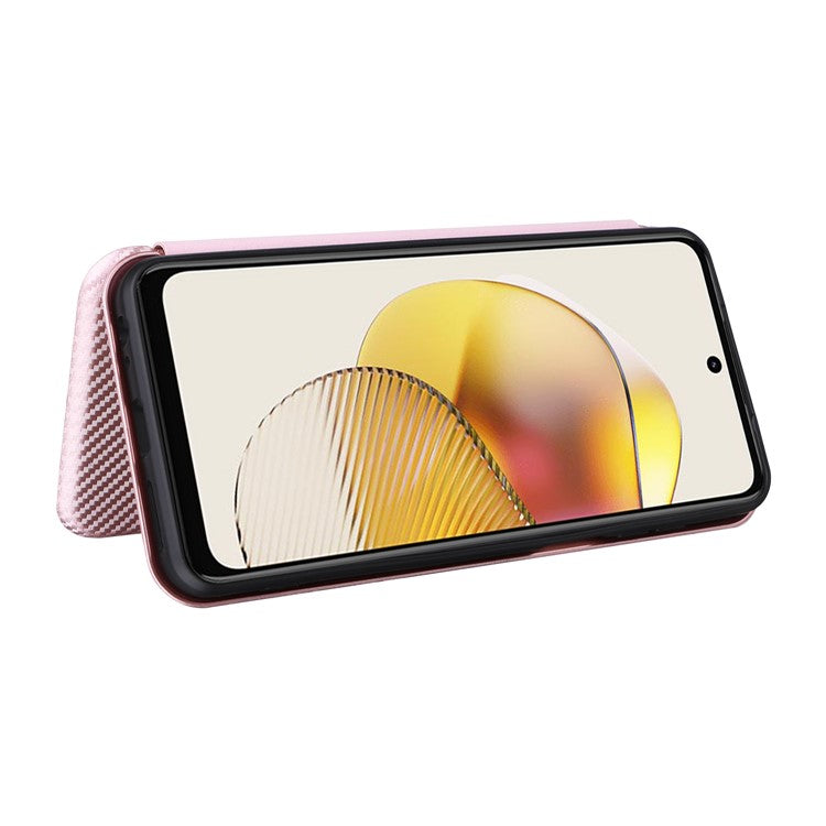 Anti-fall Phone Case For Motorola Moto G73 5G Card Holder Carbon Fiber Texture Flip Leather Cover Stand - Rose Gold