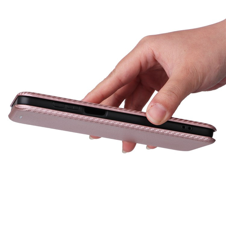 Anti-fall Phone Case For Motorola Moto G73 5G Card Holder Carbon Fiber Texture Flip Leather Cover Stand - Rose Gold