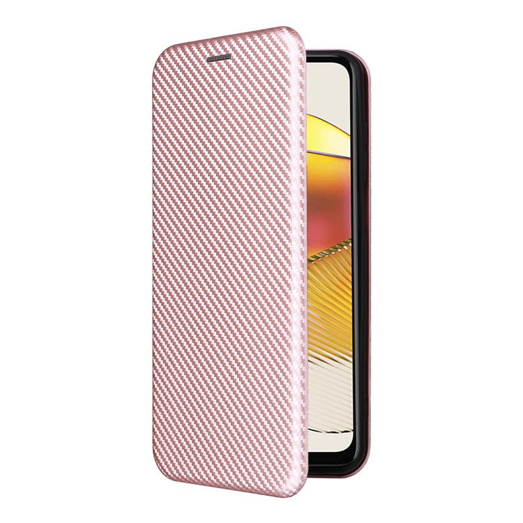 Anti-fall Phone Case For Motorola Moto G73 5G Card Holder Carbon Fiber Texture Flip Leather Cover Stand - Rose Gold