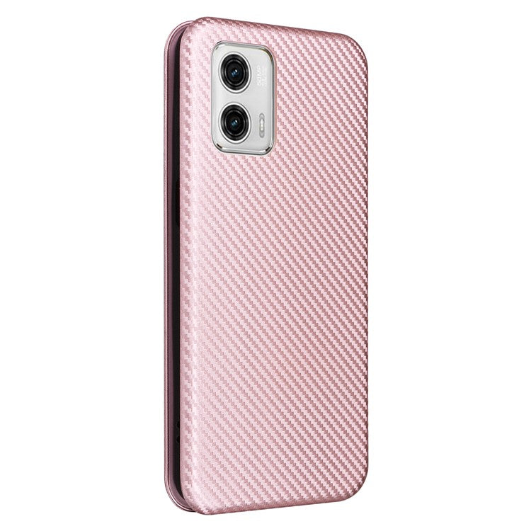 Anti-fall Phone Case For Motorola Moto G73 5G Card Holder Carbon Fiber Texture Flip Leather Cover Stand - Rose Gold