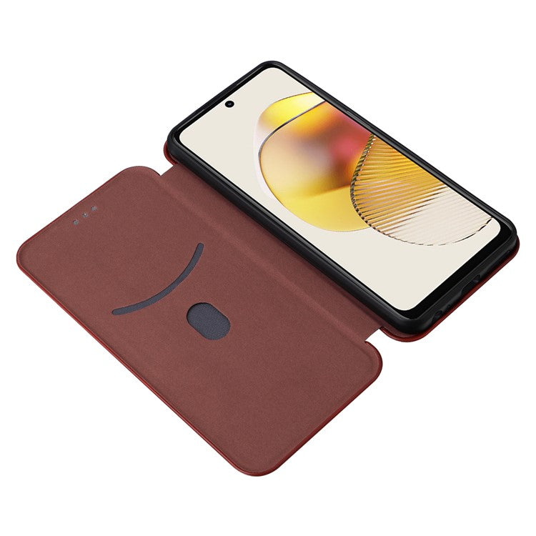 Anti-fall Phone Case For Motorola Moto G73 5G Card Holder Carbon Fiber Texture Flip Leather Cover Stand - Brown