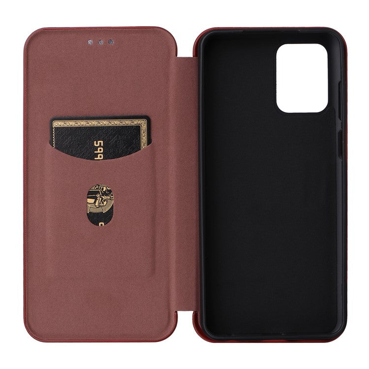 Anti-fall Phone Case For Motorola Moto G73 5G Card Holder Carbon Fiber Texture Flip Leather Cover Stand - Brown