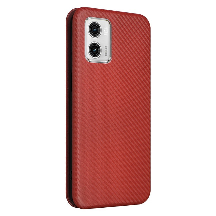 Anti-fall Phone Case For Motorola Moto G73 5G Card Holder Carbon Fiber Texture Flip Leather Cover Stand - Brown