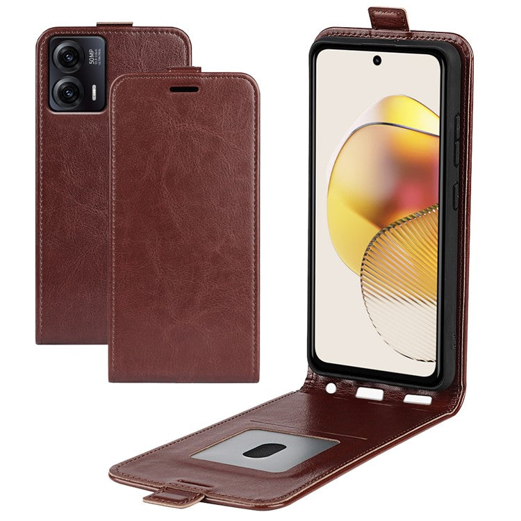 Anti-drop Phone Cover For Motorola Moto G73 5G Vertical Flip Leather Crazy Horse Texture Phone Case Card Holder - Brown