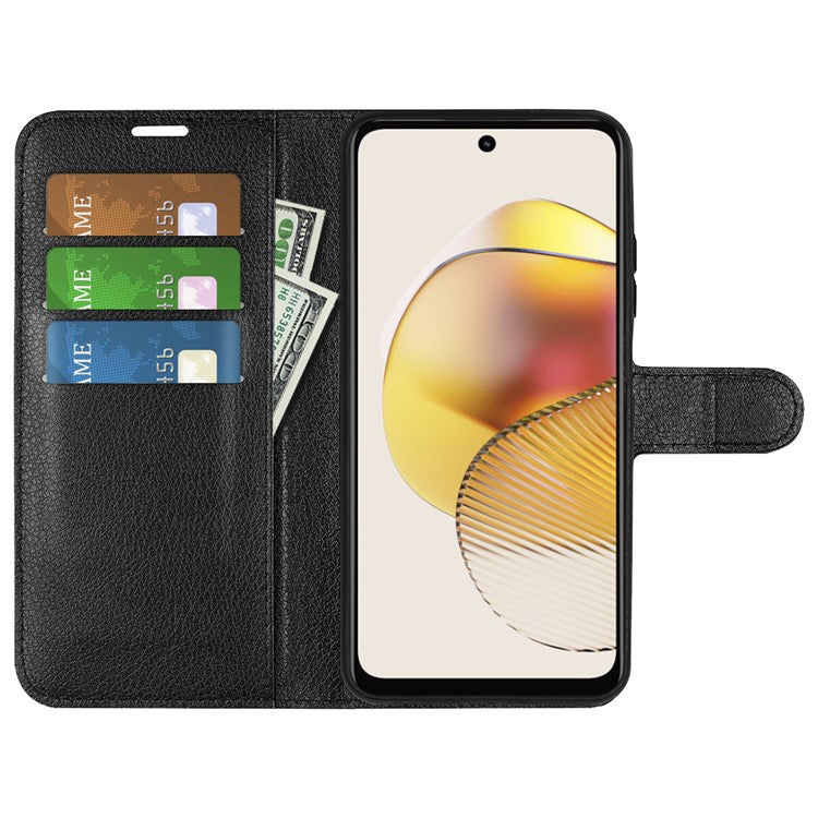 Shockproof Phone Case For Motorola Moto G73 5G , Litchi Texture PU Leather Cell Phone Cover Stand Wallet - Black