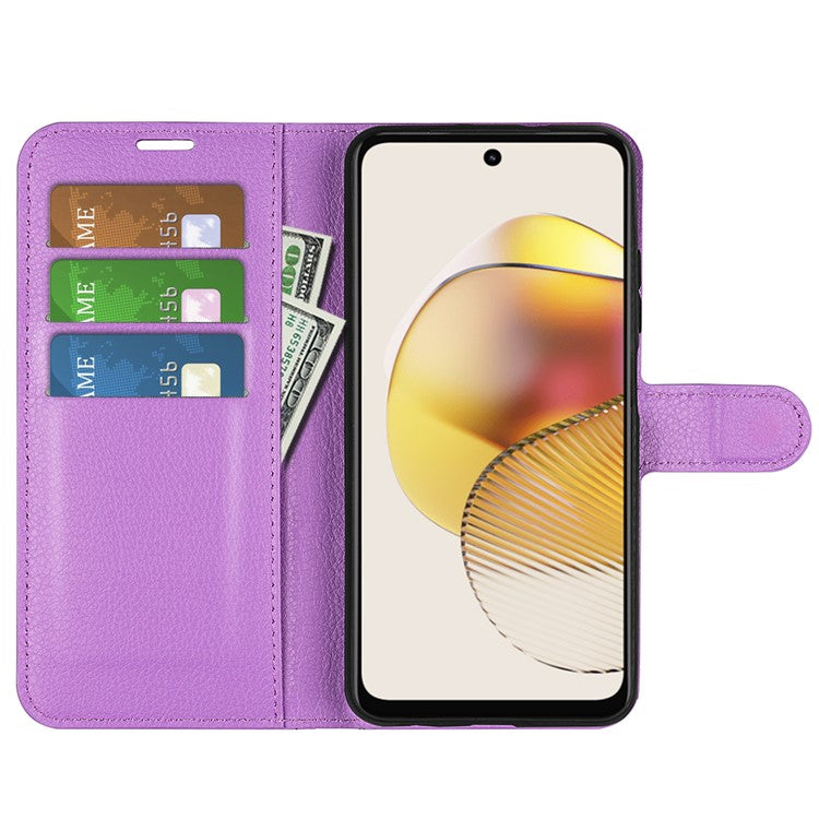 Shockproof Phone Case For Motorola Moto G73 5G , Litchi Texture PU Leather Cell Phone Cover Stand Wallet - Purple