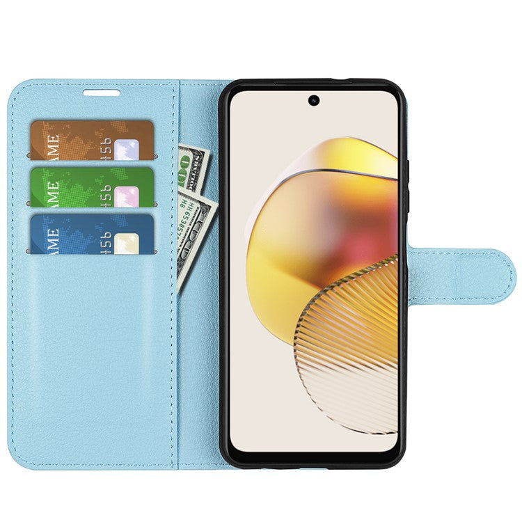 Shockproof Phone Case For Motorola Moto G73 5G , Litchi Texture PU Leather Cell Phone Cover Stand Wallet - Blue