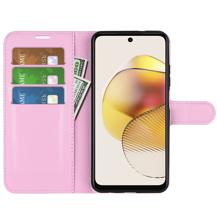 Shockproof Phone Case For Motorola Moto G73 5G , Litchi Texture PU Leather Cell Phone Cover Stand Wallet - Pink