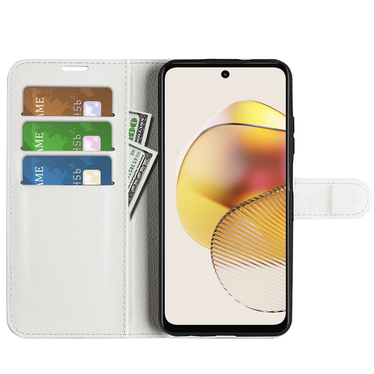 Shockproof Phone Case For Motorola Moto G73 5G , Litchi Texture PU Leather Cell Phone Cover Stand Wallet - White